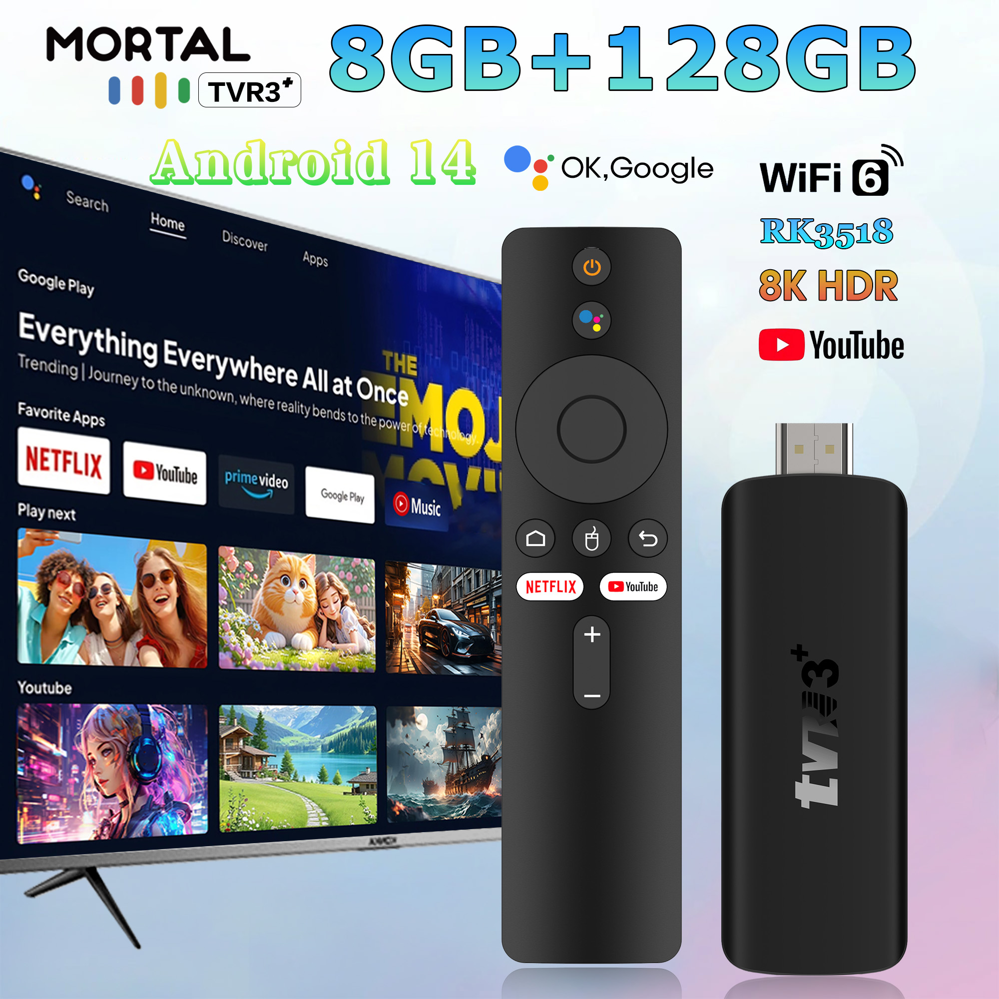 2026 TVR3 デュアル UI インターフェイス TV スティック 8K HD WIFI 6 Android 14.0 RK3518 クアッドコア 8GB RAM 128GB ROM ホームシアターメディアプレーヤー