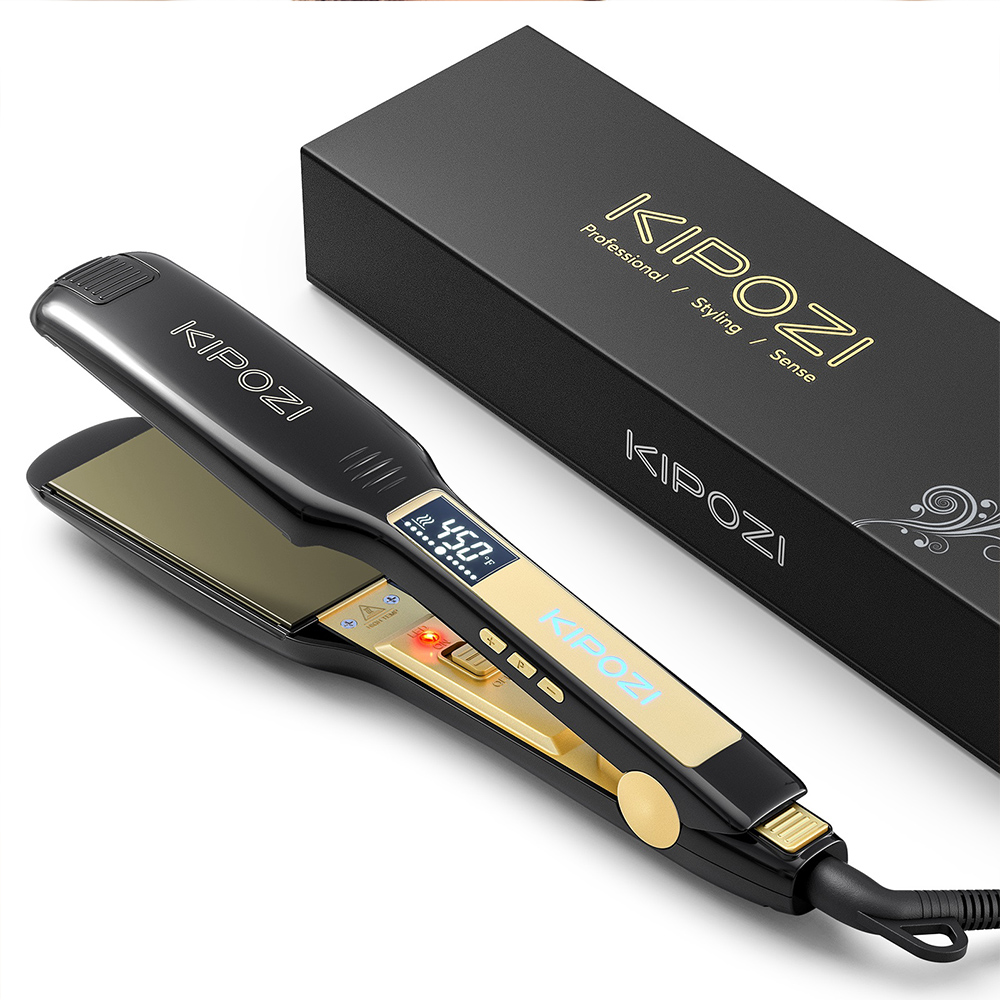 KIPOZI プロフェッショナルチタンフラットアイロンストレートアイロンデジタル LCD ディスプレイデュアル電圧瞬間加熱ヘアアイロン