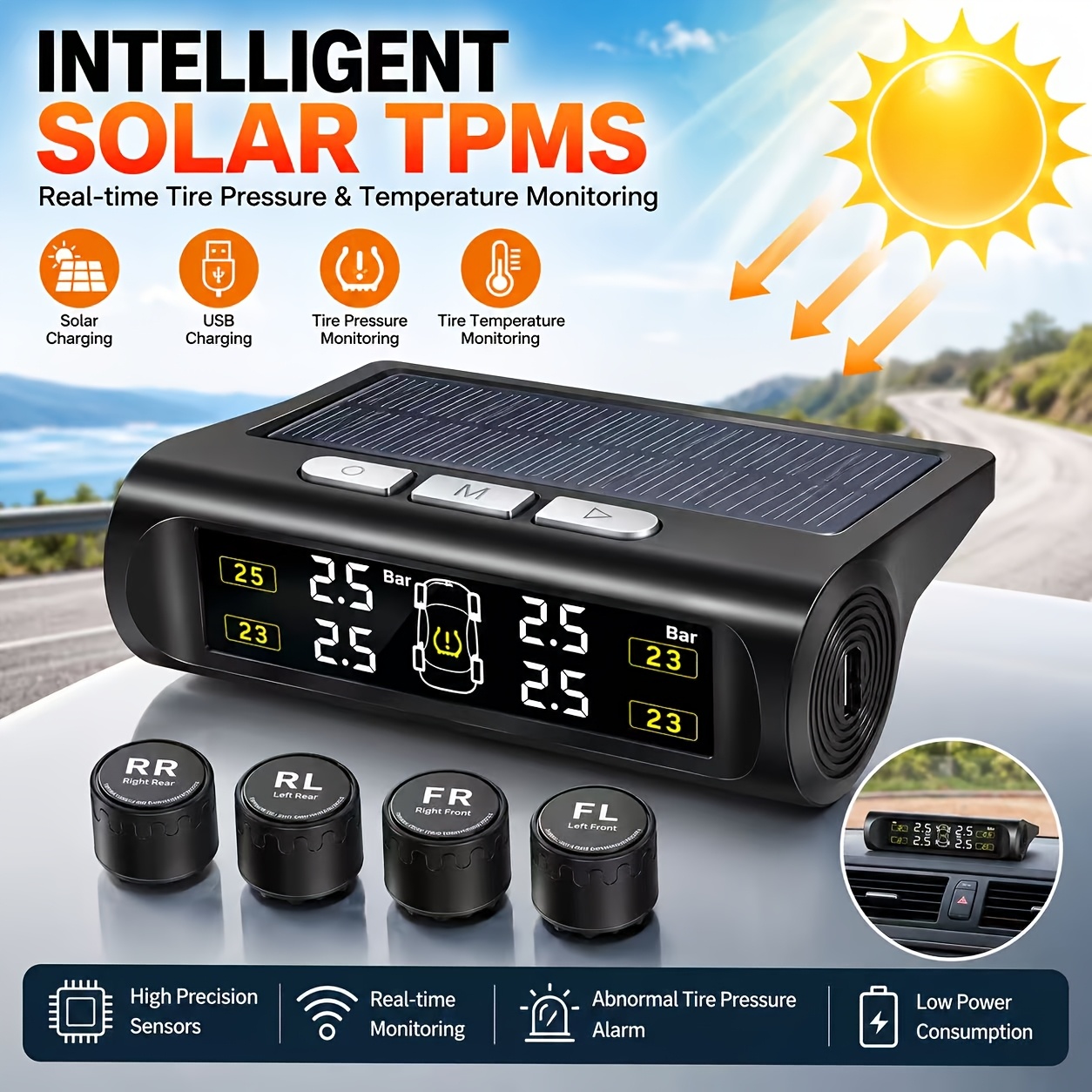 Wireless Tire Pressure Monitoring System with 4 Sensors USB Charging Solar Powered TPMS for Cars SUVs MPVs Pickups ORVs