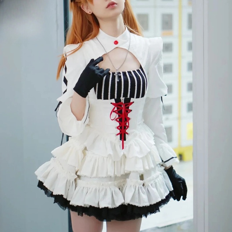 アスカコスプレ衣装ホワイトゴシックドレスアニメEVA制服アスカロリータドレスハロウィンカーニバルパーティー衣装女性女の子