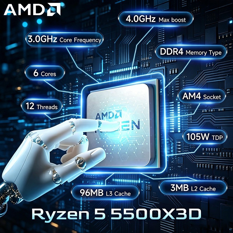 AMD Ryzen 5 5500X3D 3GHz 6 コア 12 スレッド ソケット AM4 新しいゲーミング プロセッサ DDR4 L3 96M 105W 7NM R5 5500X3D ただしファンなし