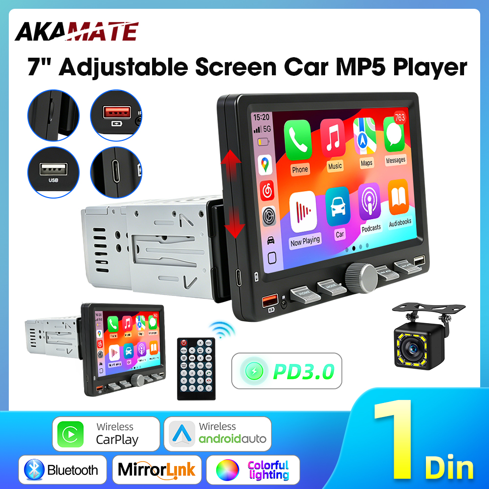 7 インチ カーラジオ 画面を上下に移動 FM ラジオ Bluetooth USB マルチメディア プレーヤー サポート CarPlay Android Auto EQ ステレオ 1Din