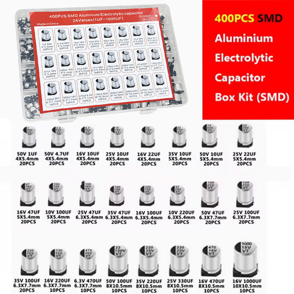 400個SMDアルミ電解コンデンサキット1uF-1000uF 6.3V-50V 24仕様 修理用収納ボックス付き