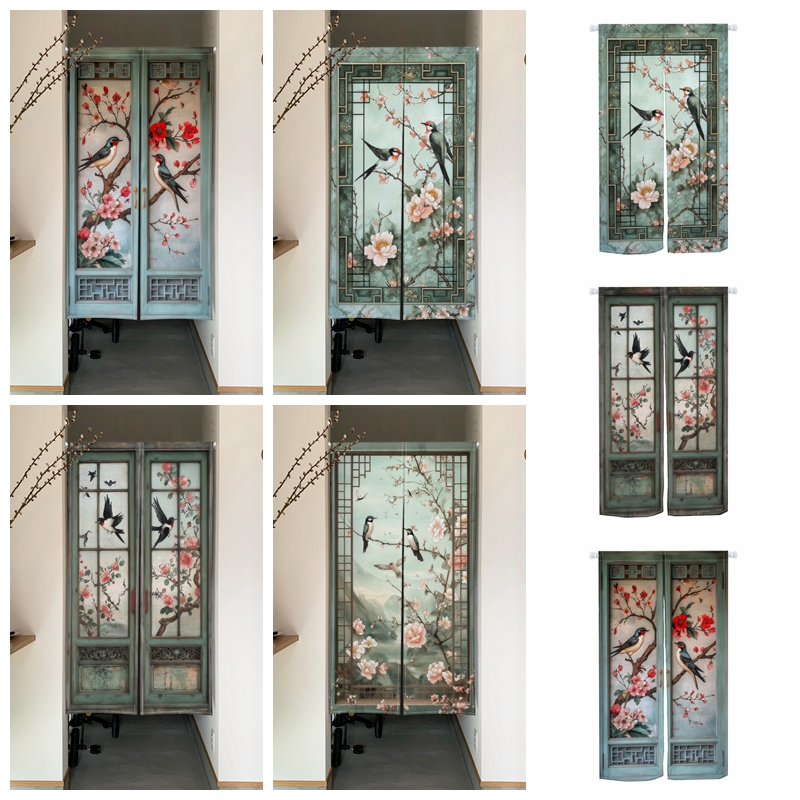 中国レトロのれんドアカーテン鳥の花リネン戸口カーテン玄関パーティションスクリーンレストランキッチンハーフカーテン