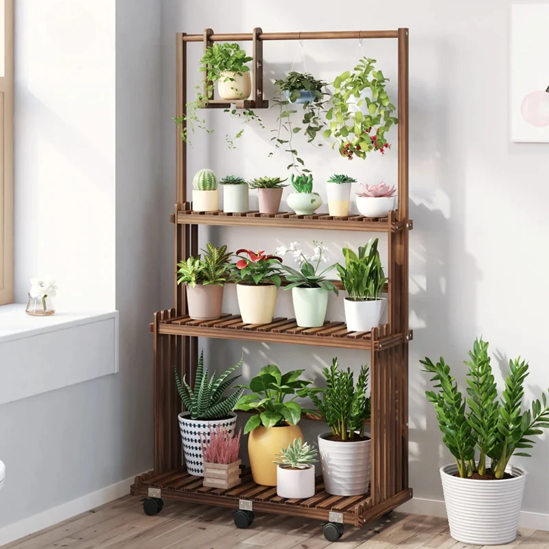 3段吊り下げ木製植物スタンド屋内屋外プランター棚植木鉢オーガナイザーラック複数の陳列棚