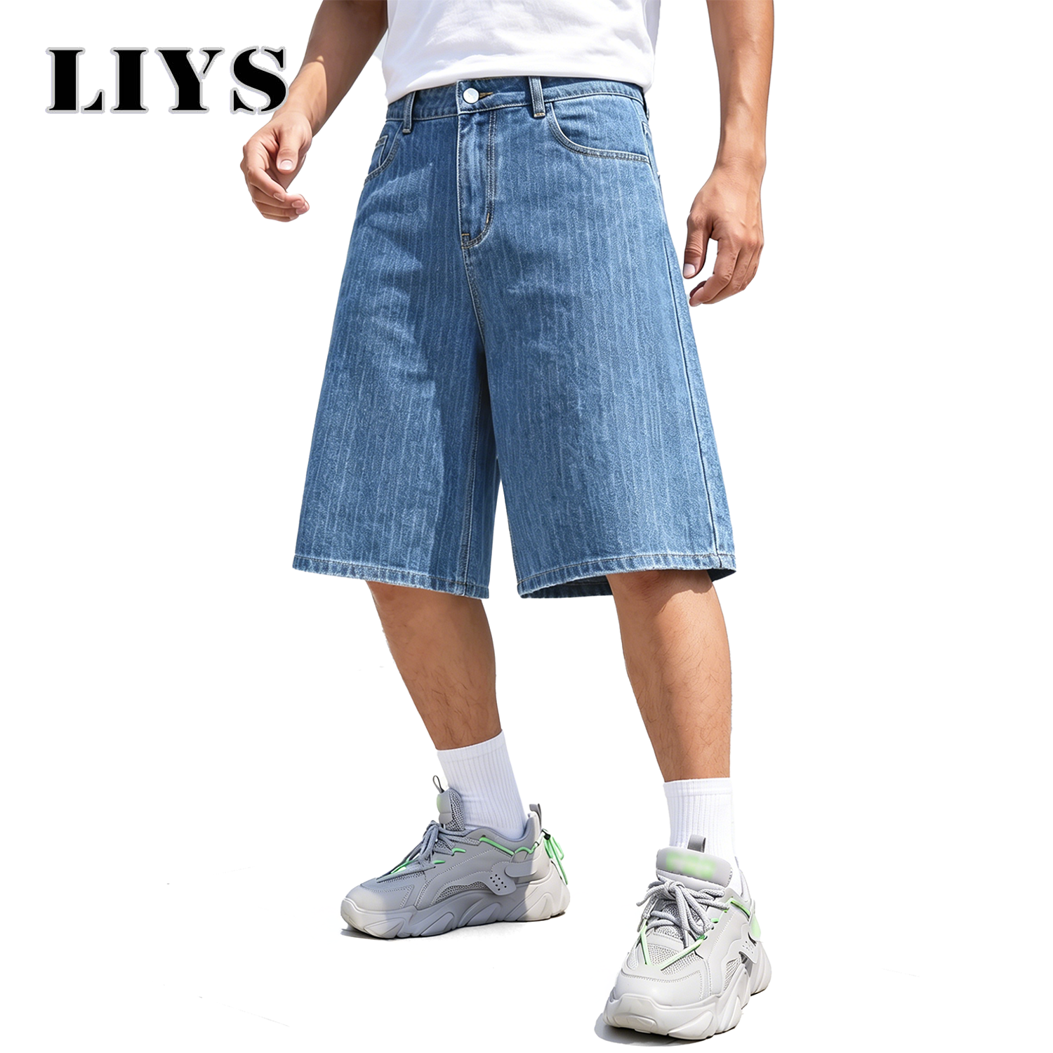 LIYS メンズ ジャカード ストライプ ワイドレッグ ジーンズ ショートパンツ カジュアル バギー 夏 ルーズフィット ショート パンツ 仕事やカジュアルウェアに最適
