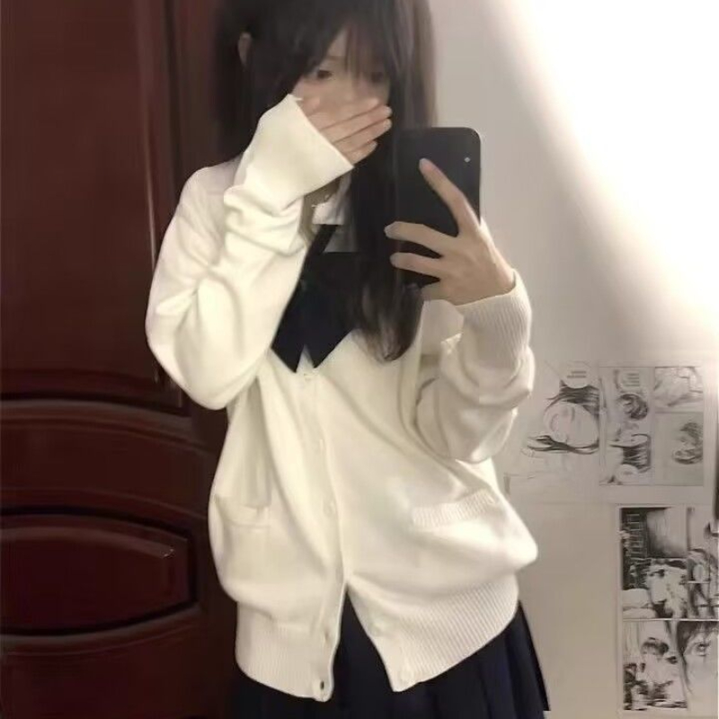 オリジナル本物の白 JK 制服カーディガンジャケットニットセータートップかわいい日本のカレッジスタイル長袖セーター