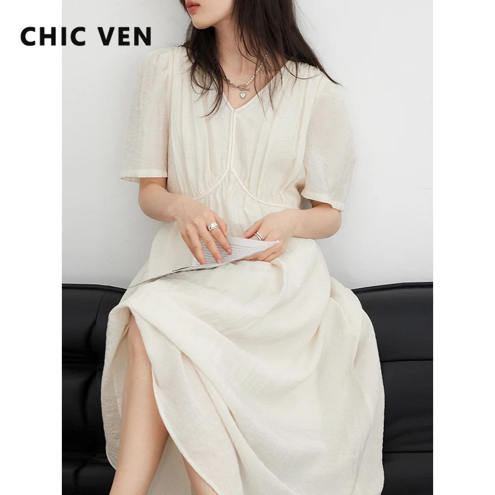 シック VEN ファッション女性ドレスヴィンテージ V ネックパフスリーブロングドレスソリッドホワイトルース女性服夏の新 2026