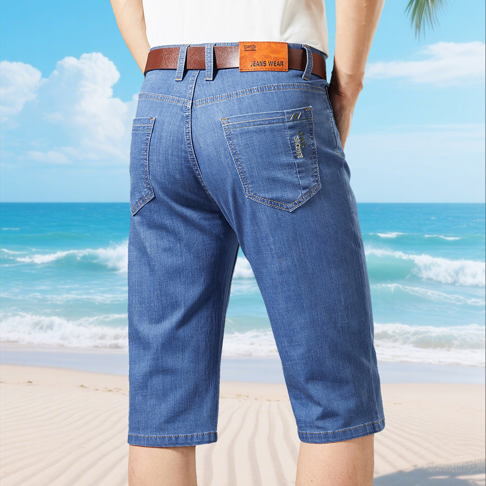 夏薄いデニムショートパンツメンズストレートビジネスカジュアルショートジーンズ快適な弾性クールバミューダ膝丈パンツ