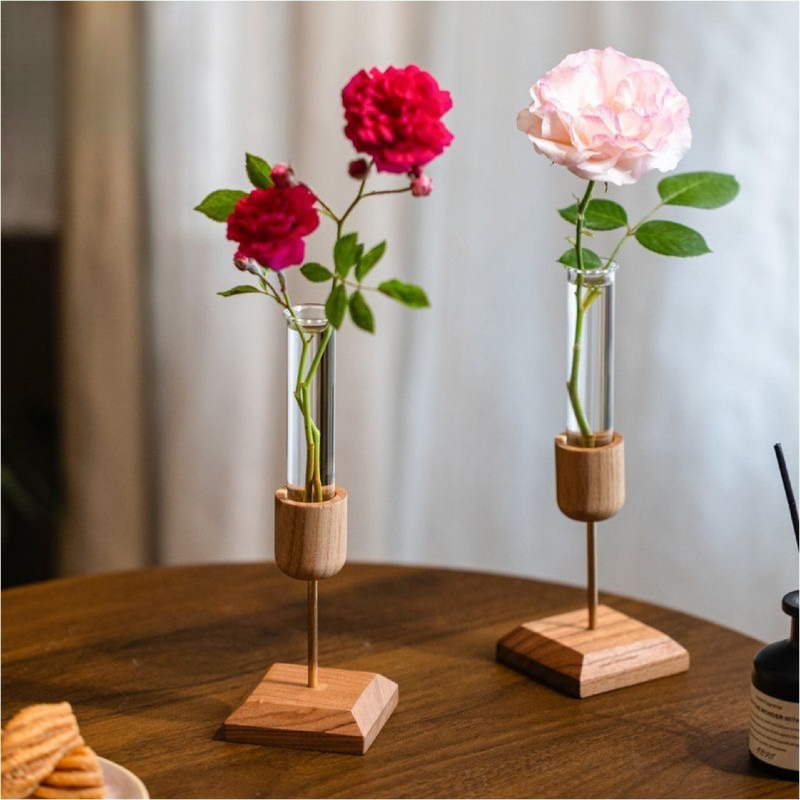 クリエイティブホームデスクトップ装飾品木製花瓶試験管透明ガラス水耕植物木製アート花瓶素朴なスタイル