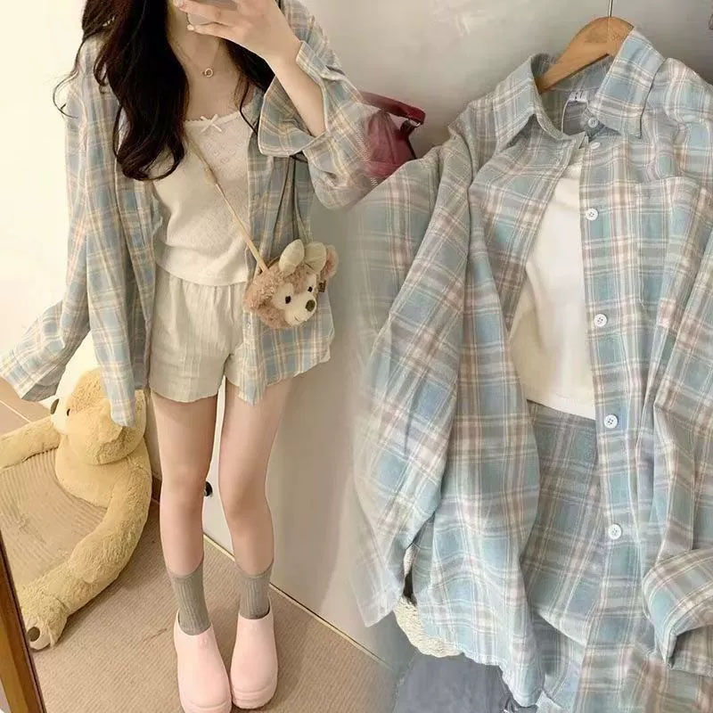 原宿オーバーサイズルーズチェック柄シャツ女性怠惰なスタイル長袖アウト着用カジュアルブラウスヴィンテージオールマッチ学生シャツ