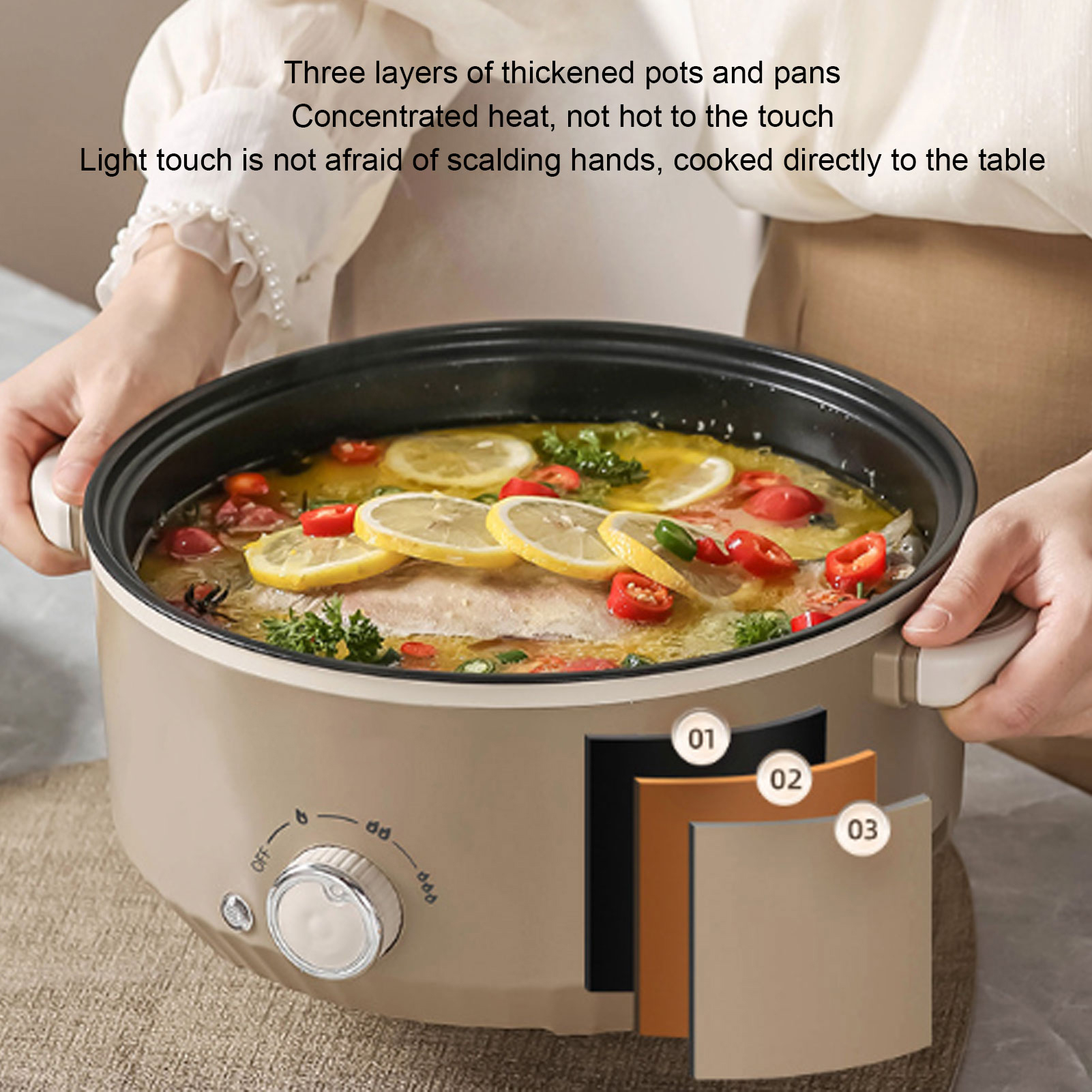 220V 電気鍋 800 ワット 3L 食品グレードテフロン加工コーティング多機能電気炊飯器、スチームバスケット付きステーキライス用