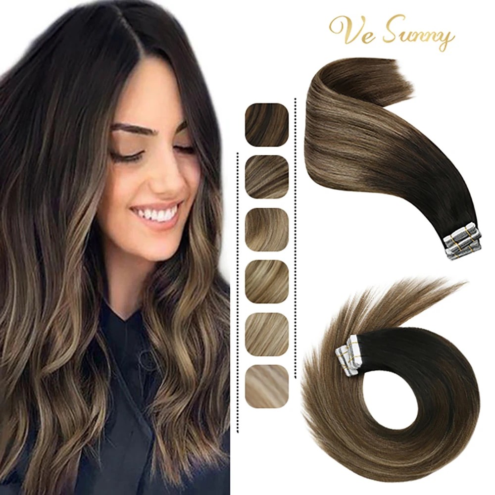 VeSunny テープでヘアエクステンション人毛シームレススキン横糸ヘアエクステンション両面バレイヤージュヘアカラー接着剤シルキー