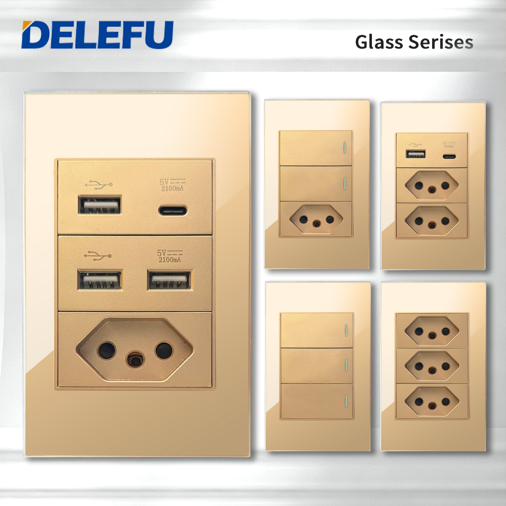 DELEFU 4*2 ゴールド強化ガラスブラジル標準コンセントデュアル USB タイプ C 壁ソケットライトスイッチスイス 10A 20A