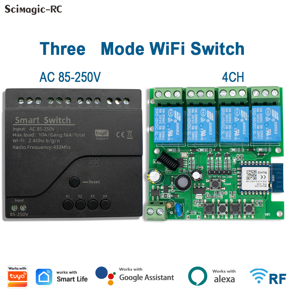 ブラックスタイル Tuya 4CH Wifi スマート家電制御スイッチモジュール 220V 85-250V 10A リレー瞬間トグルインターロックモード