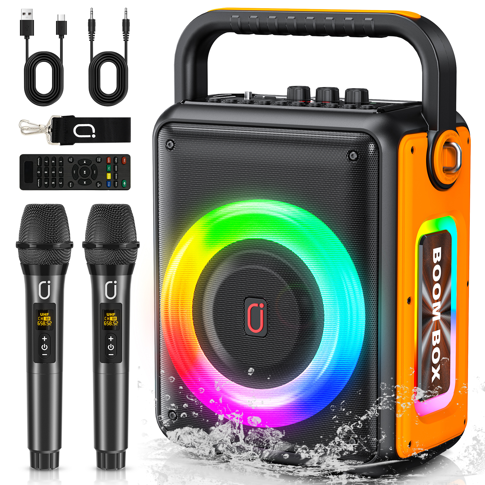 FanFun S65 ポータブル Bluetooth カラオケ スピーカー 2 ワイヤレス マイク低音と高音付きパーティー/会議用 6000 Mah リモコン付き