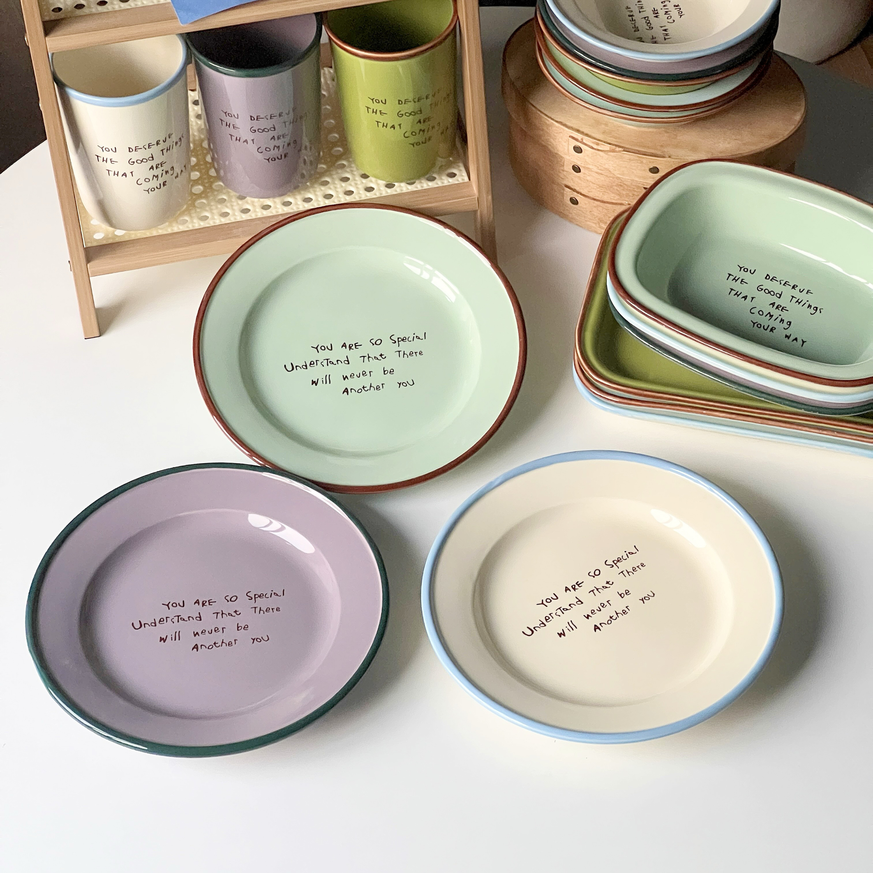 レトロ手書き英語セラミックプレートステーキ食器洋食器デザートプレート北欧スタイルピュアカラーサークル