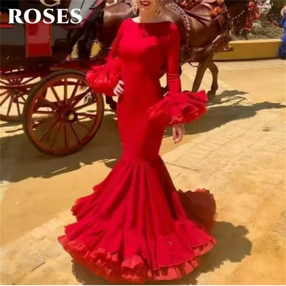 ROSES 鮮やかなレッドのパーティードレス 見事なボートネック マーメイドプロムドレス 劇的フリルスリーブ イブニングドレス カスタマイズ