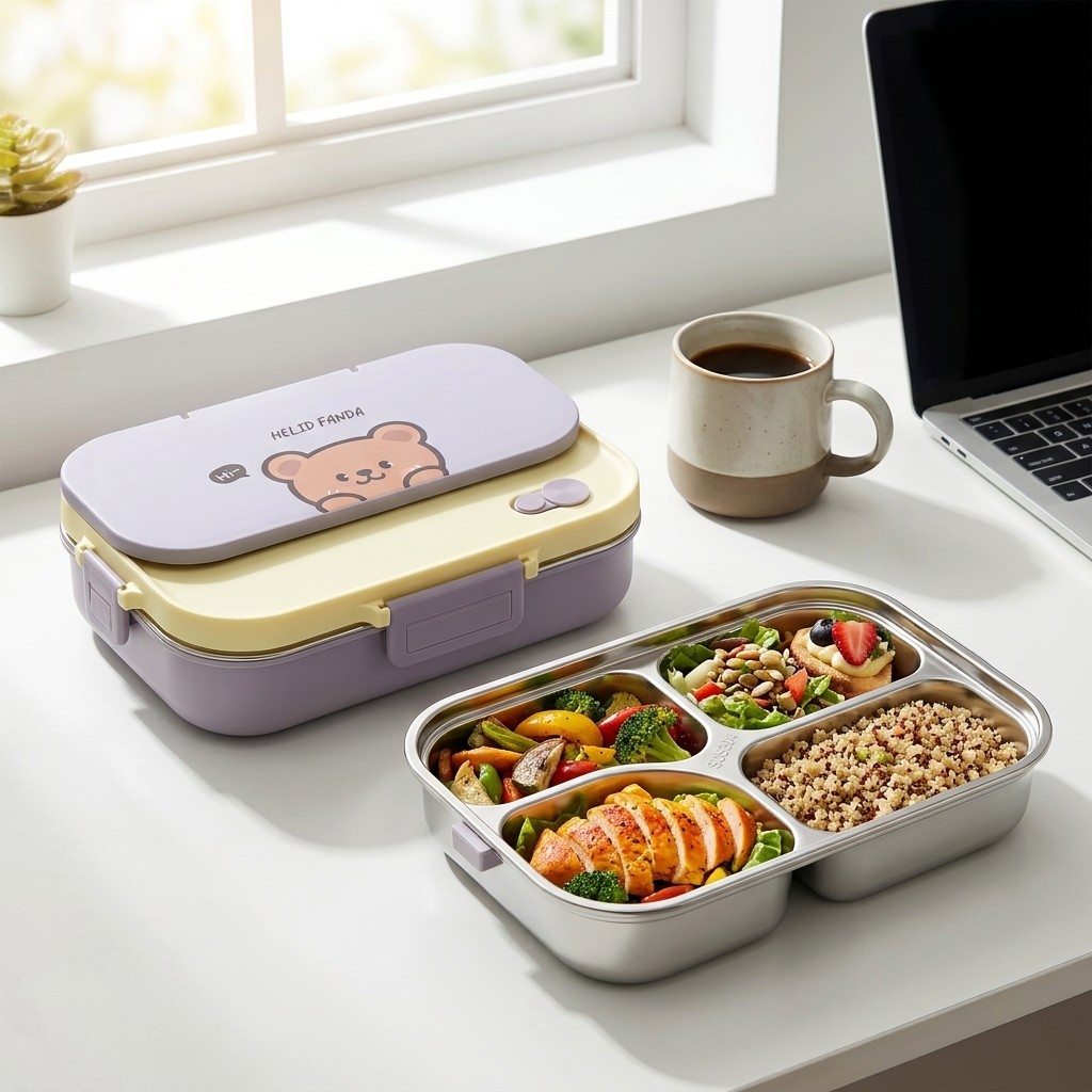 電子レンジ対応 304 ステンレス鋼弁当箱 4/5 コンパートメント弁当箱ポータブル漏れ防止食事準備食品容器子供学校用