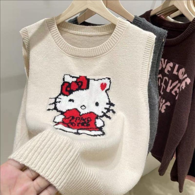 かわいいハローキティニットベスト女性の韓国スタイルクルートップス甘いセーターファッションカジュアルニットプルオーバー女性服