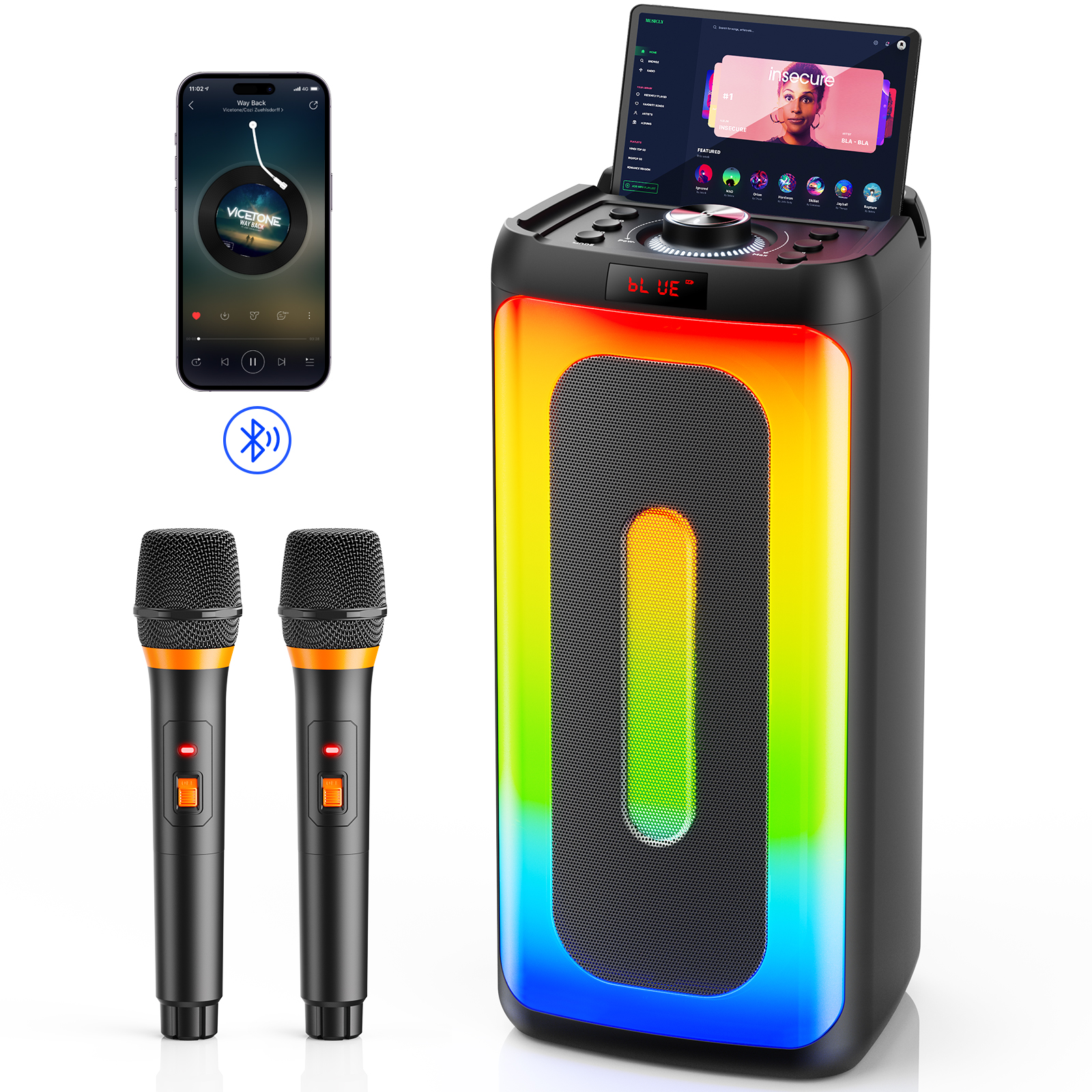 T25 大人用カラオケマシン、マイク付き Bluetooth スピーカー、カラフルな RGB ライト付きホームパーティーカラオケスピーカーシステム