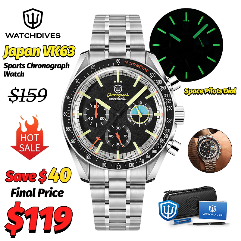 Watchdives WD1863 新しい多機能クォーツ時計ブラック VK63 スポーツクロノグラフウォッチバブルサファイア防水 100 腕時計