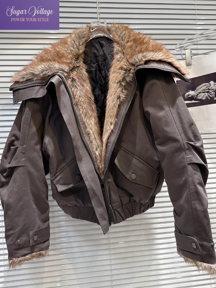 韓国ファッション Y2K ヴィンテージフェイクファー襟ショートデニムジャケット女性の冬パッド入りストリートコートルーズフィット暖かいシックなアウター