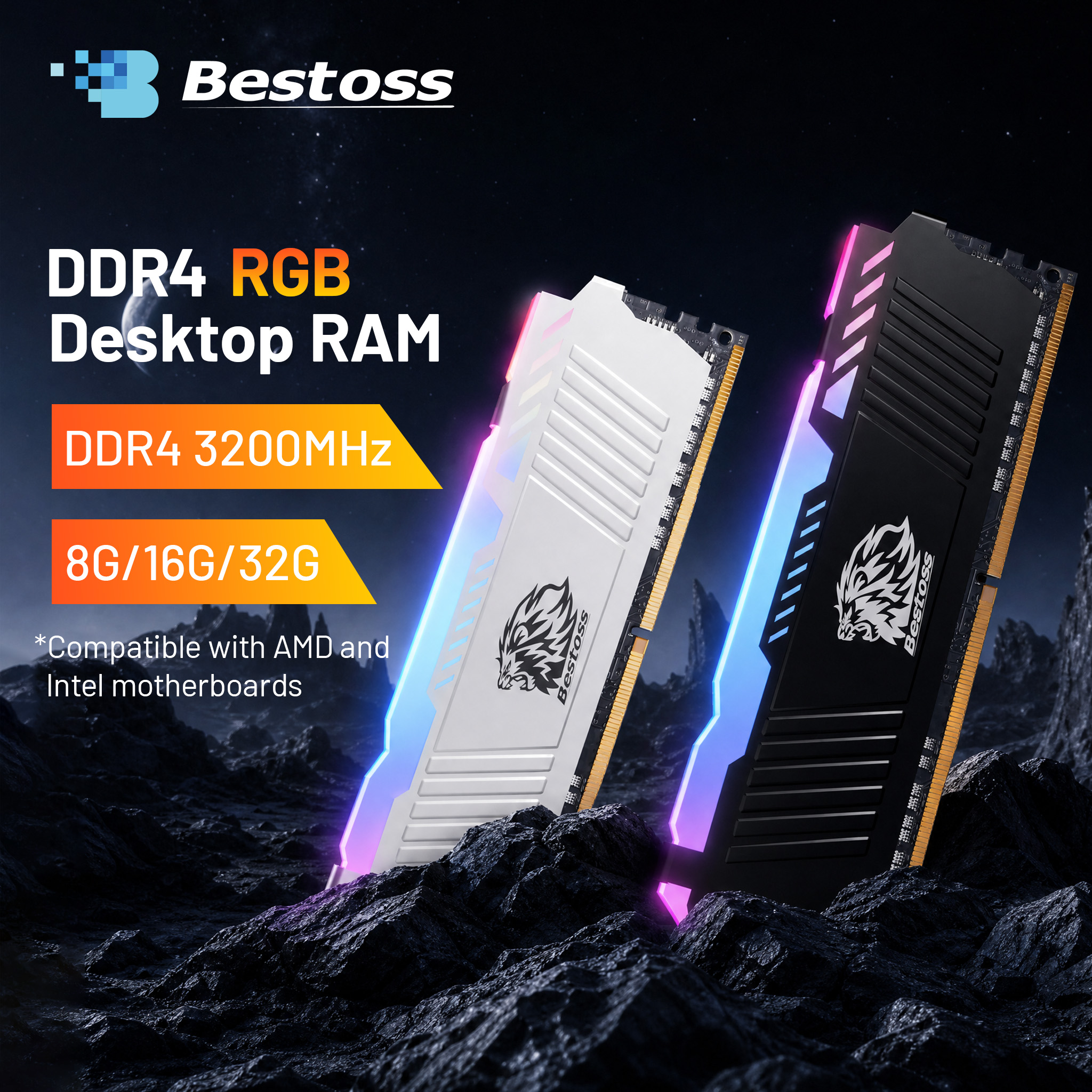 Bestoss RGB メモリ DDR4 8GB 16GB 32GB(2x16GB) XMP 2.0 3200MHz CL18 288ピン 1.2V デュアルチャネル DIMM メモリ RAM デスクトップPC用