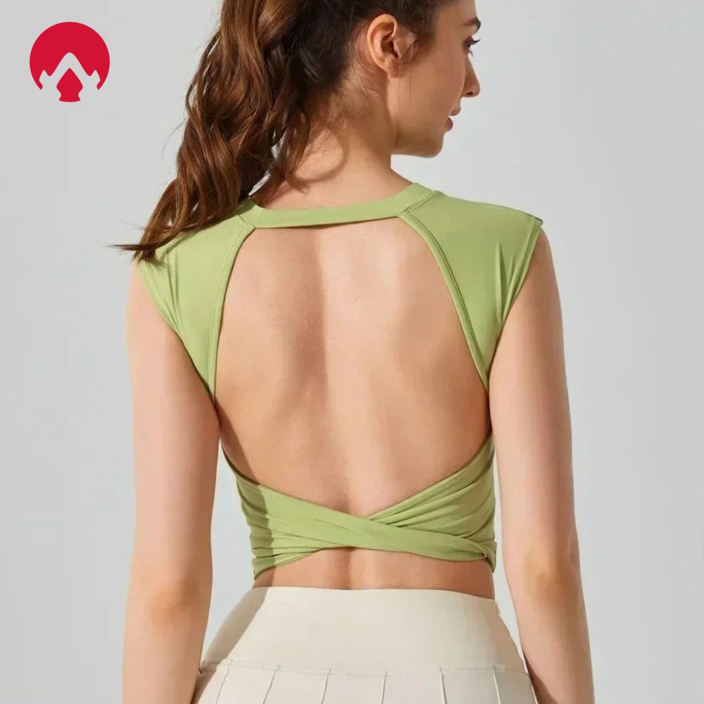 スポーツバックレスタンクトップ – スリムウエスト半袖フィットネスベスト、固定胸パッド付き、ヨガTシャツ、女性用ワークアウトアクティブウェア