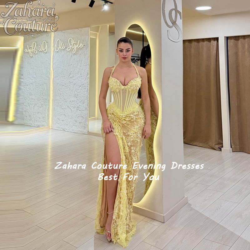 ザハラ カスタマイズされたセクシーな淡い黄色のホルターネック 3D アップリケイブニングドレス床長さのvestidos de nocheハイサイドスプリットフォーマル
