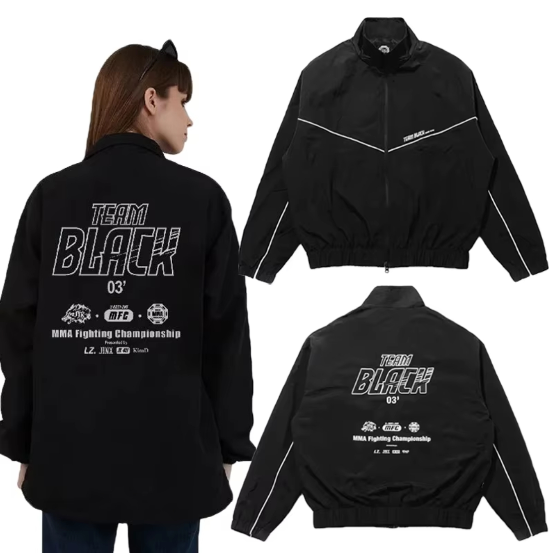 ユニセックスブラックジッパージャケット、Jinx ManhwaチームブラックジェギョンコスプレコートMMAファイトチャンピオンシップカジュアルコスチューム