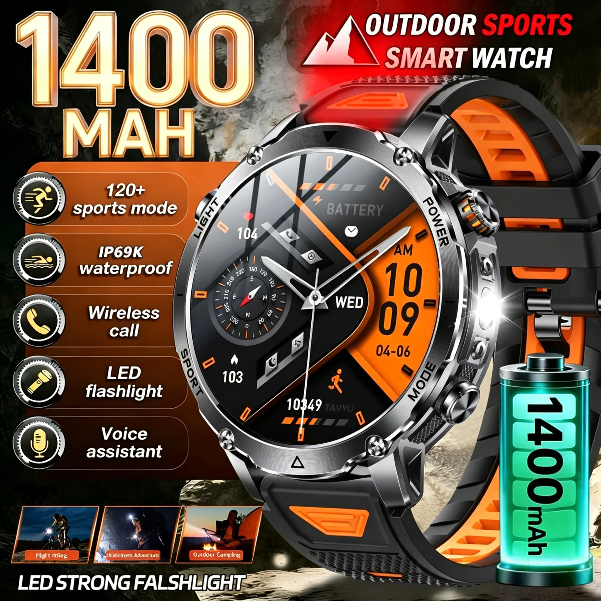 2026 ホットアウトドア軍事 1400mAh バッテリースマートウォッチメンズ IP69K 防水 LED 懐中電灯心拍数スポーツトラッカースマートウォッチ
