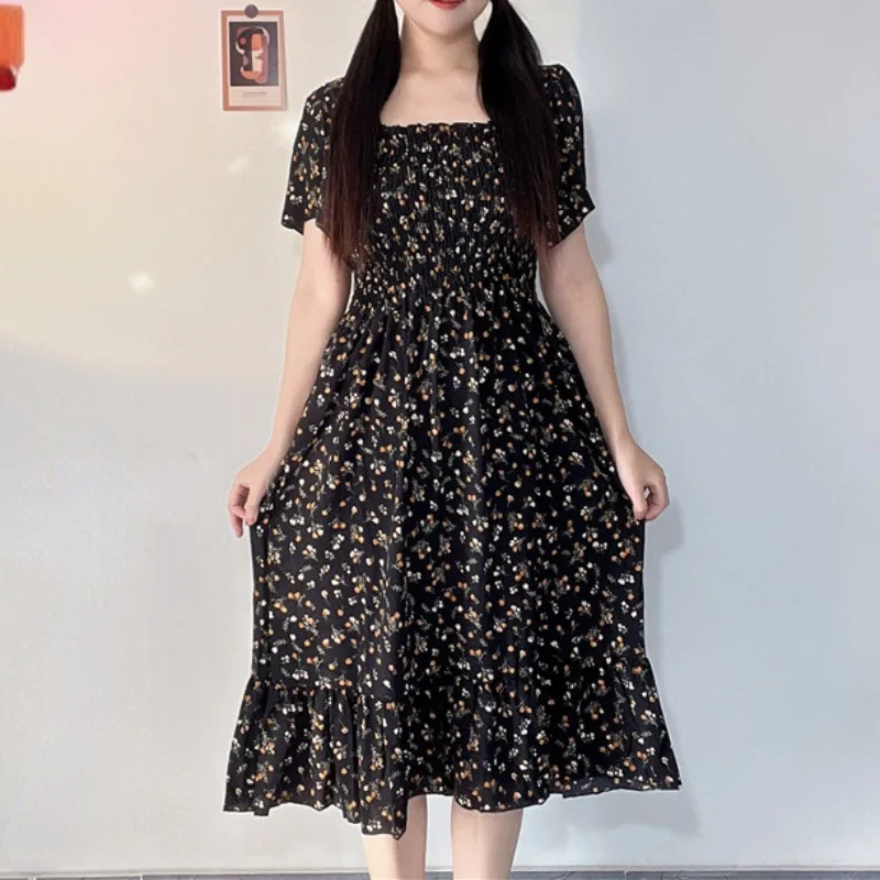 春夏弾性ウエスト半袖シフォンドレス女性カジュアルドレス女性プリント花ミディ A ラインドレス Vestidos