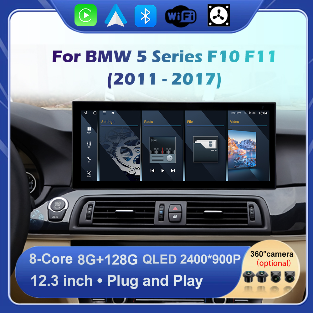 ワイヤレス Carplay Android 14 GPS ナビゲーション BMW 5 シリーズ F10 F11 2011-2017 CIC NBT システム 12.3 インチ車マルチメディアプレーヤー DVR