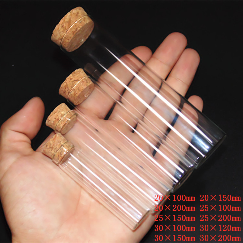 透明ガラス試験管 5本セット 直径20/25/30mm 長さ100/120/150/200mm 平底試験管 コルク栓付き