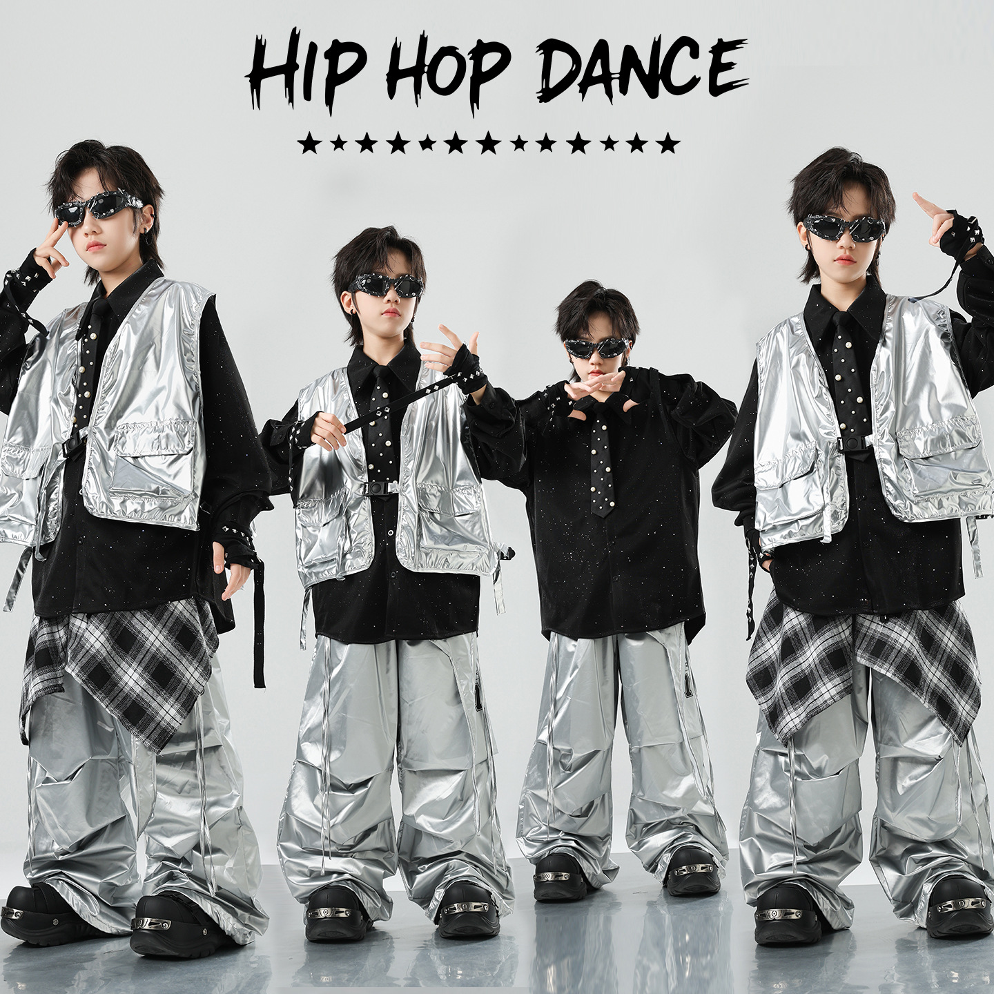男の子ヒップホップ光沢のある銀色のベストストリートダンスカーゴパンツ女の子 K-POP ジャズ衣装子供ティーン服セット子供ストリート
