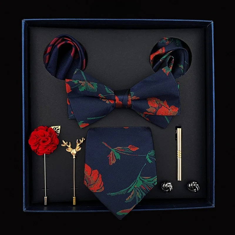 ブルーメンズフォーマルウェア必須アクセサリーセット (ネクタイ、蝶ネクタイ、ポケットスクエア、タイクリップ、ラペルピン、カフリンクス)