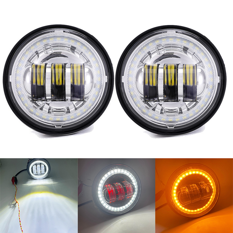 新しい 4.5 インチラウンドブラック LED フォグランプレッドデーモンアイ/ホワイト DRL/アンバーターンシグナルハローハーレーダビッドソンバイク用