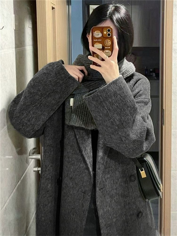 女性のオートミールウールコート秋冬プチサイズ韓国ファッションミッドレングス暖かい厚いフェイクファー裏地オーバーコート