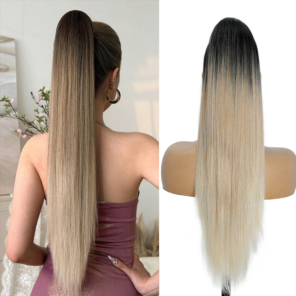 合成ポニーテールヘアエクステンション T1B-330-276 27/613 28 インチロングストレート巾着ポニーテールクリップ耐熱ヘアピース