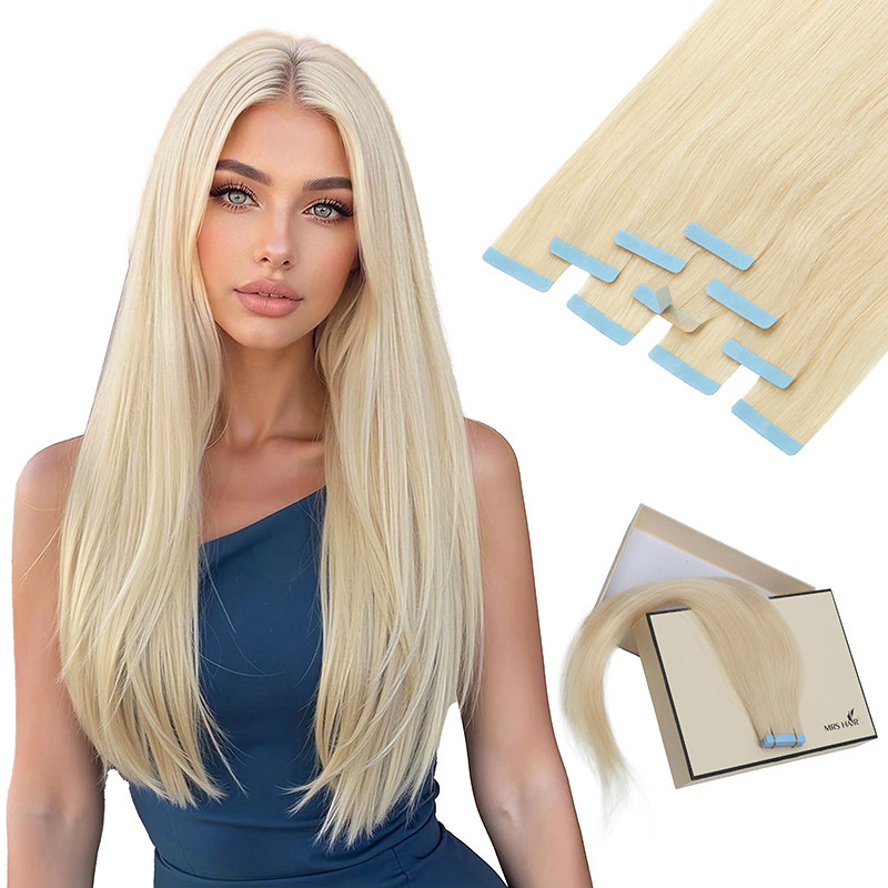 MRS HAIR テープインヘアエクステンション人毛リアルナチュラルブラジリアンレミーヘアストレートシームレススキン横糸ブロンド 20 個 12 "-24"