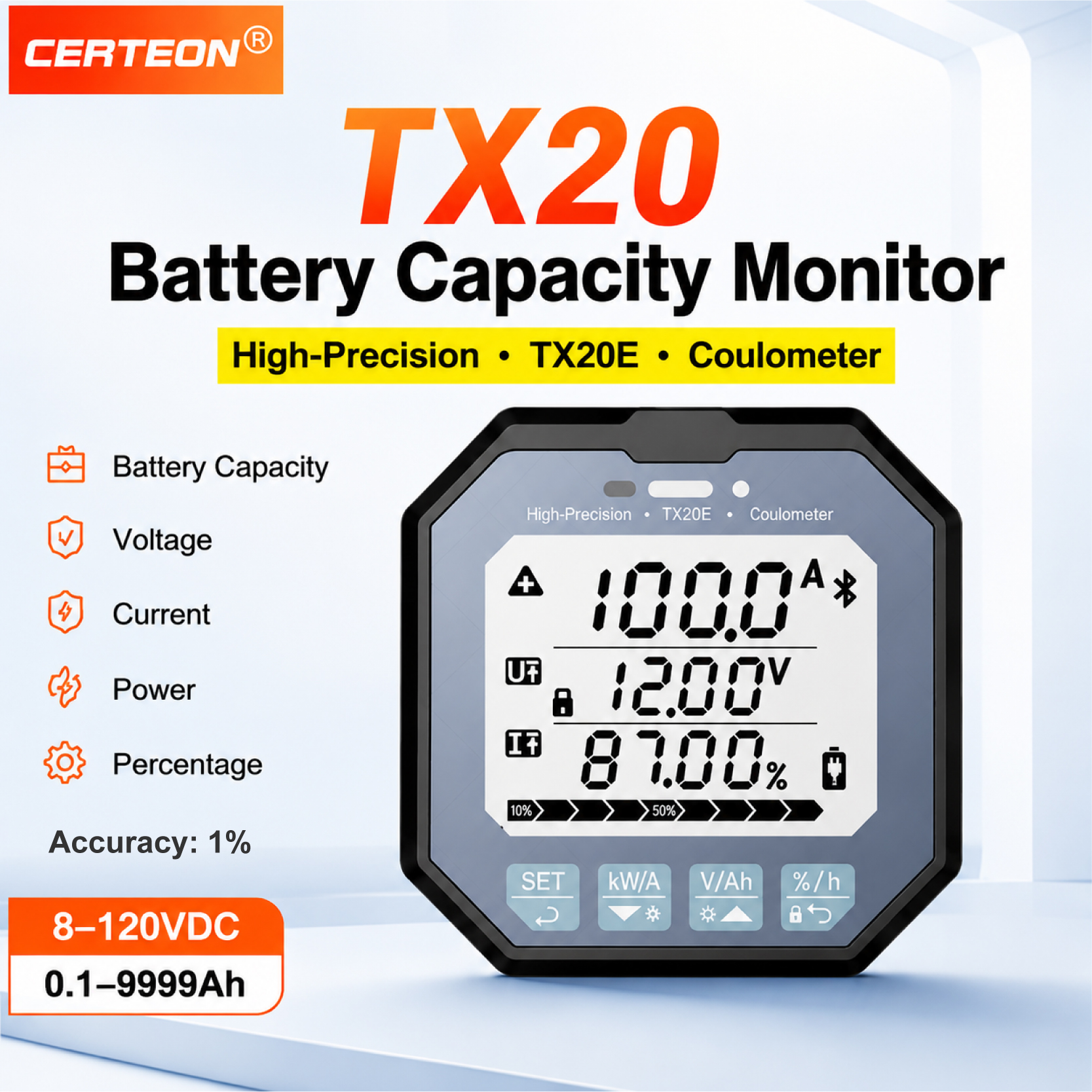 TX20 バッテリーモニター バッテリー容量メーター 8-120V DC 電量計電圧電流メーター 0.1-9999Ah LCD バッテリーゲージ