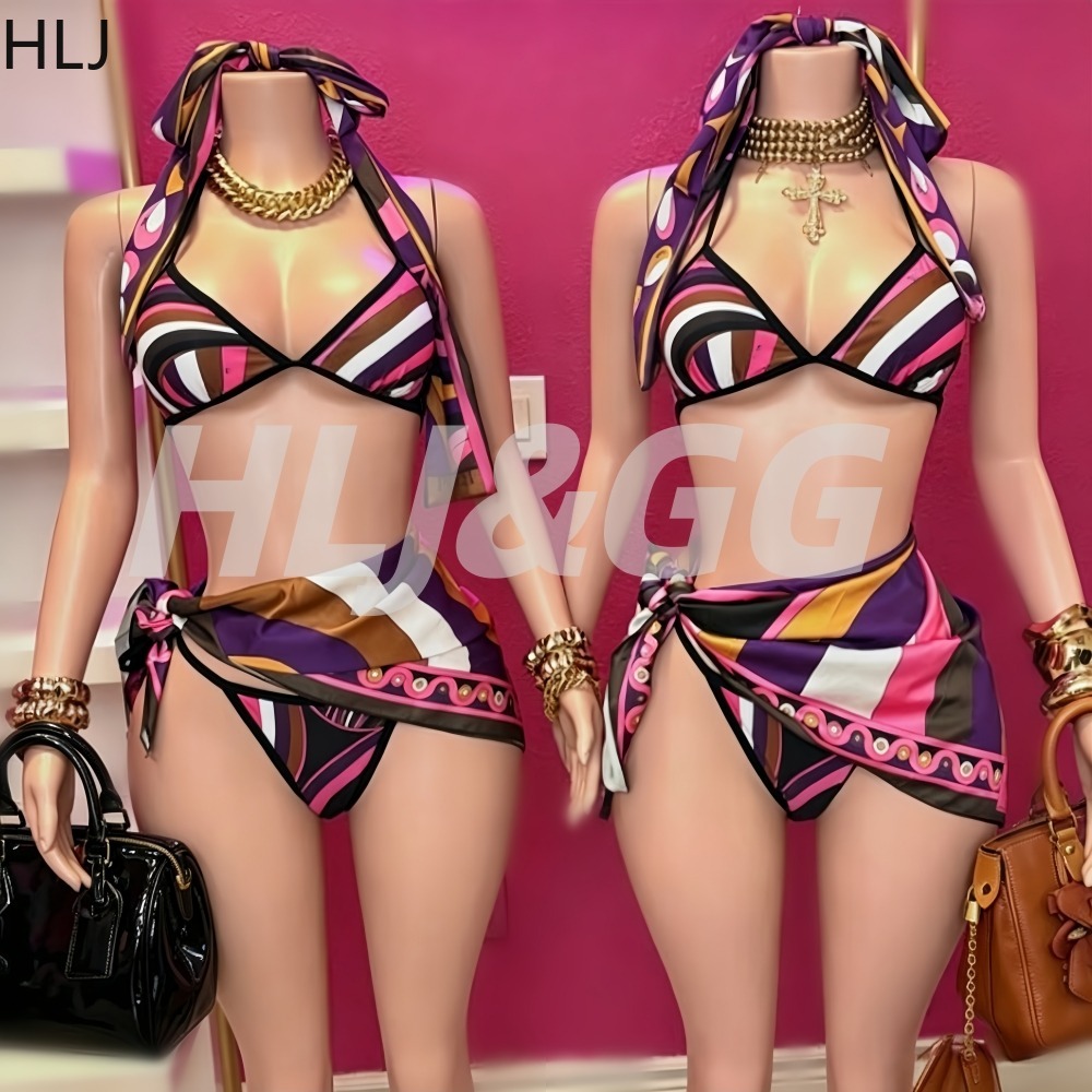 HLJ 女性 4 ピースプリントビキニセットスカーフカバーアップホルタートライアングルトップネクタイサイドボトムサロンヘッドバンドボヘミアン水着ビーチウェア
