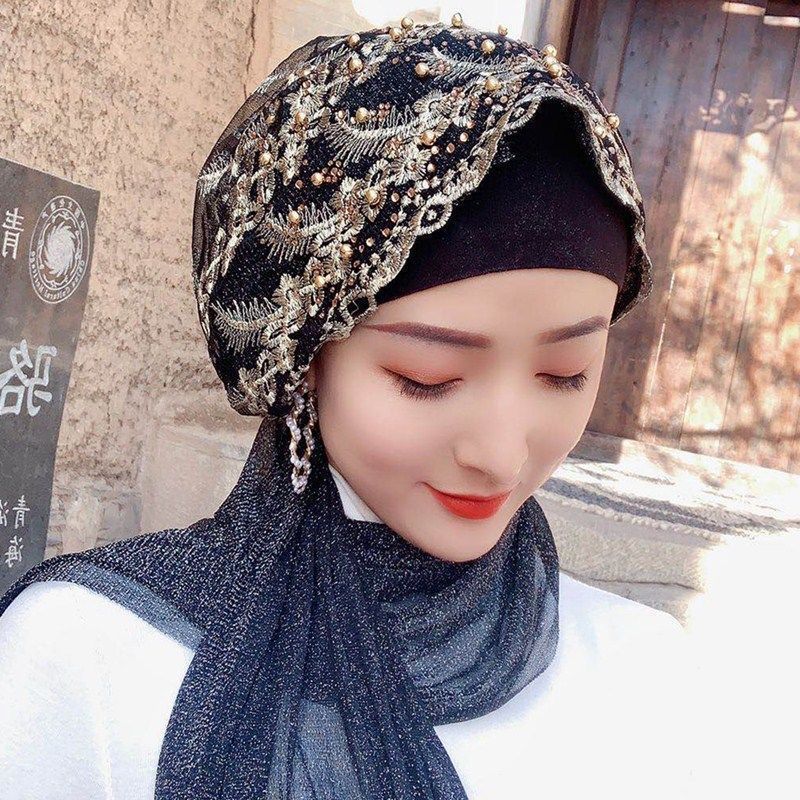 刺繍ビーズ女性のターバンキャップすぐに着用できるヘッドスカーフラップイスラム教徒ヒジャブヘアカバーキャップ事前に結ばれたスカーフ帽子