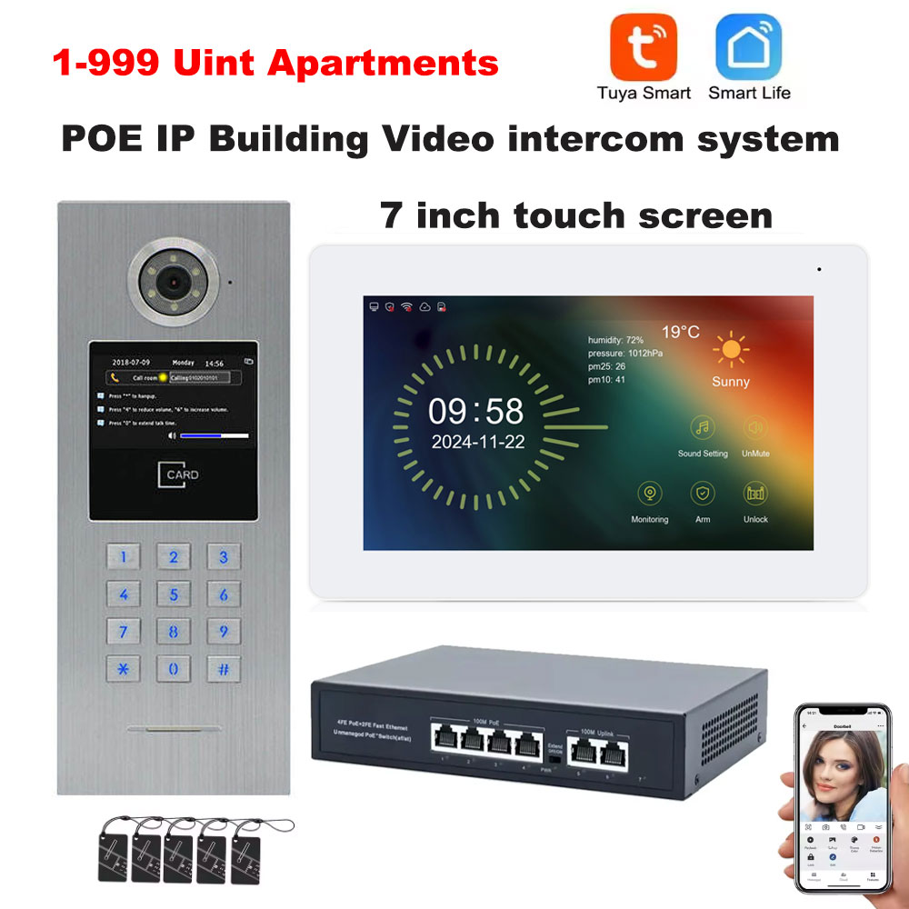 Tuya Smart Life WiFi 7 インチワイヤレス HD ビデオドアベルインターホン POE スイッチ 1-999 ユニット大規模な建物のアパートのドア電話システム