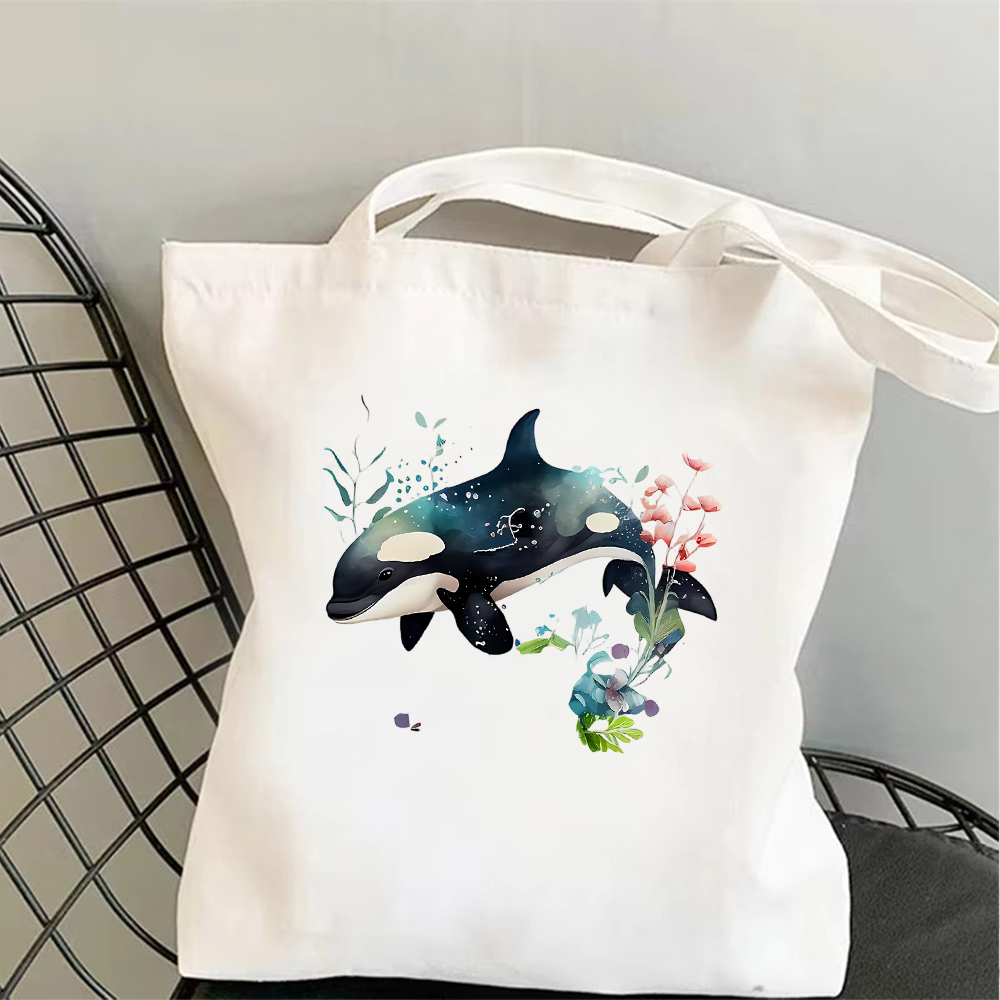 かわいい水彩シャチクジラキャンバストートバッグ環境に優しい再利用可能なショッピングショルダーバッグ大容量カジュアルハンドバッグ女性のための