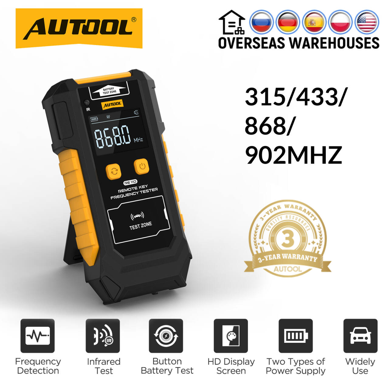 AUTOOL RE110 車リモートキー周波数テスター 315/433/868/902MHz 赤外線信号リモコン周波数キー Fob 信号テスター