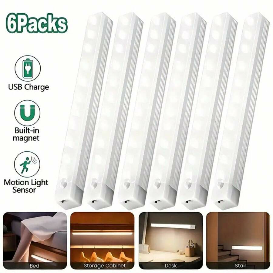 6個のワイヤレス充電式LEDモーションセンサーキャビネットライト - クローゼット、キッチン、ワードローブ、階段に最適 - 電池式夜間