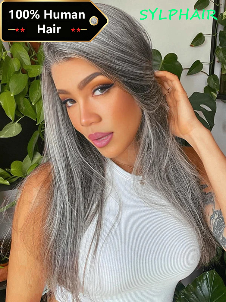 13 × 4 骨ストレートグレーレースフロント人毛ウィッグ女性のためのブラジルのグルーレスレミーグレー色の透明レースフロントウィッグ