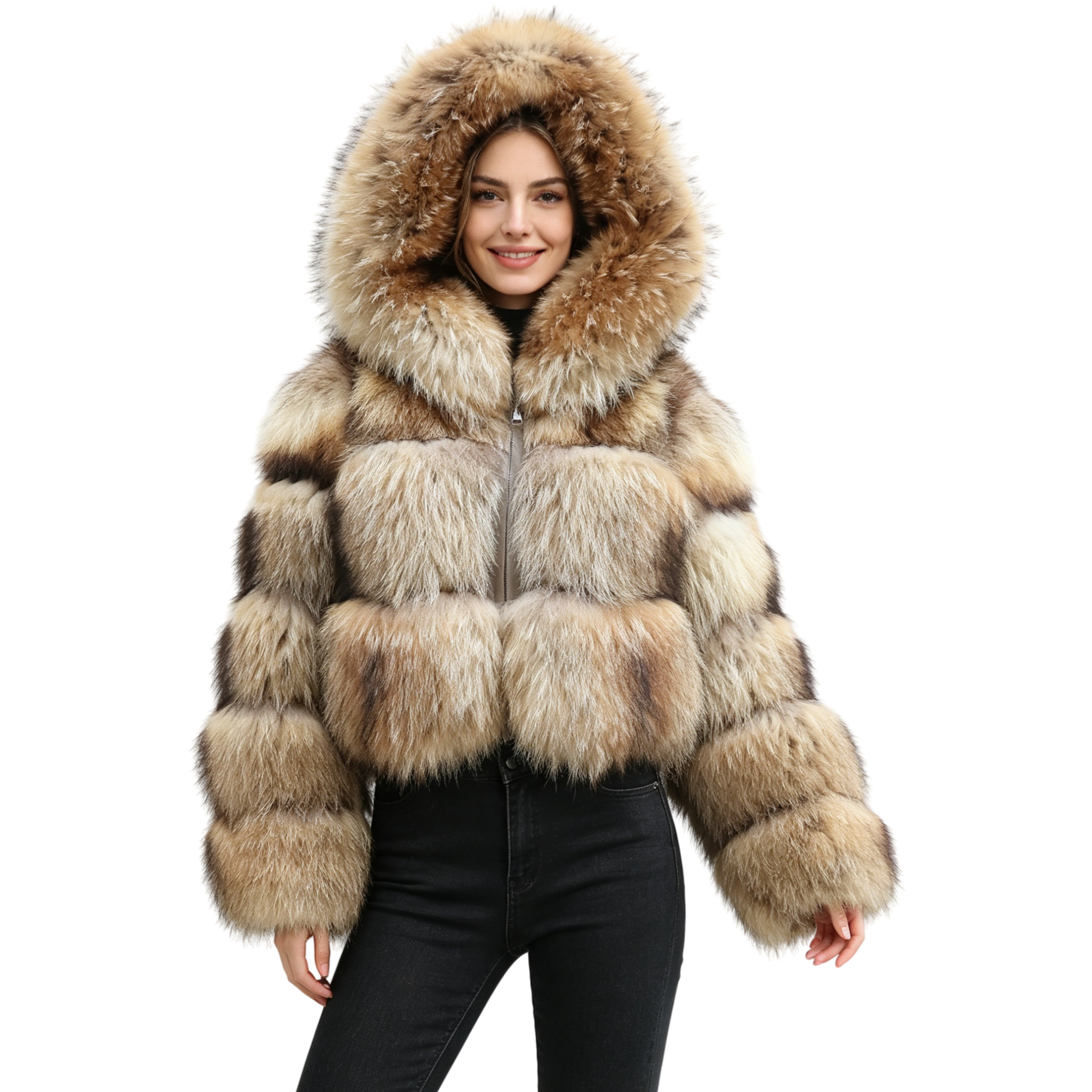 天然アライグマの毛皮ショートジャケット女性ビッグフードふわふわリアルファーコート冬生き抜く